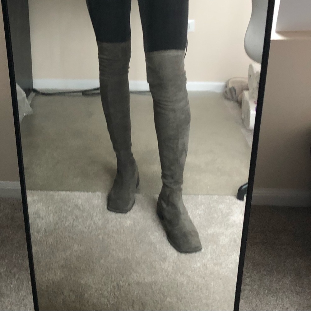 Squared toed grey suede over-the-knee boots